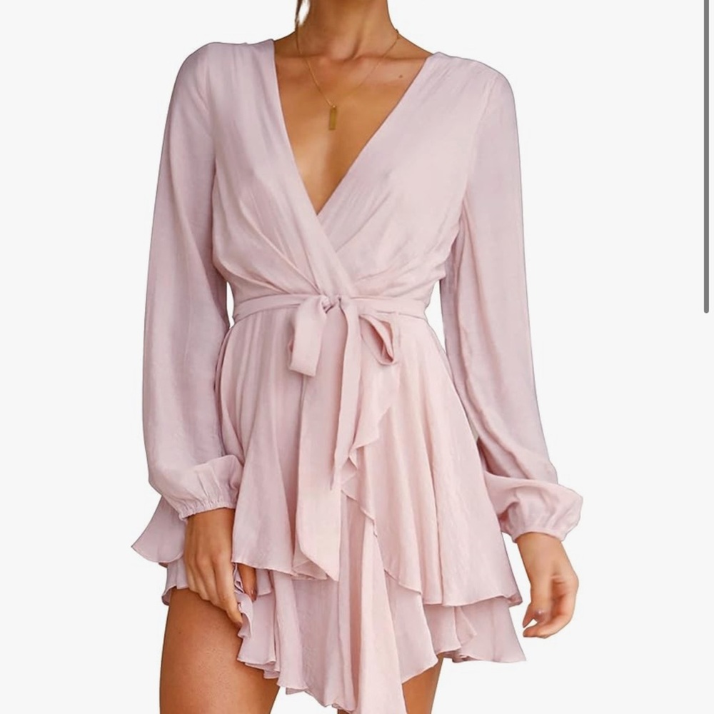 Muted Light Pink Long Sleeve Chiffon V-Neck Tie Waist Flowy Mini Dress